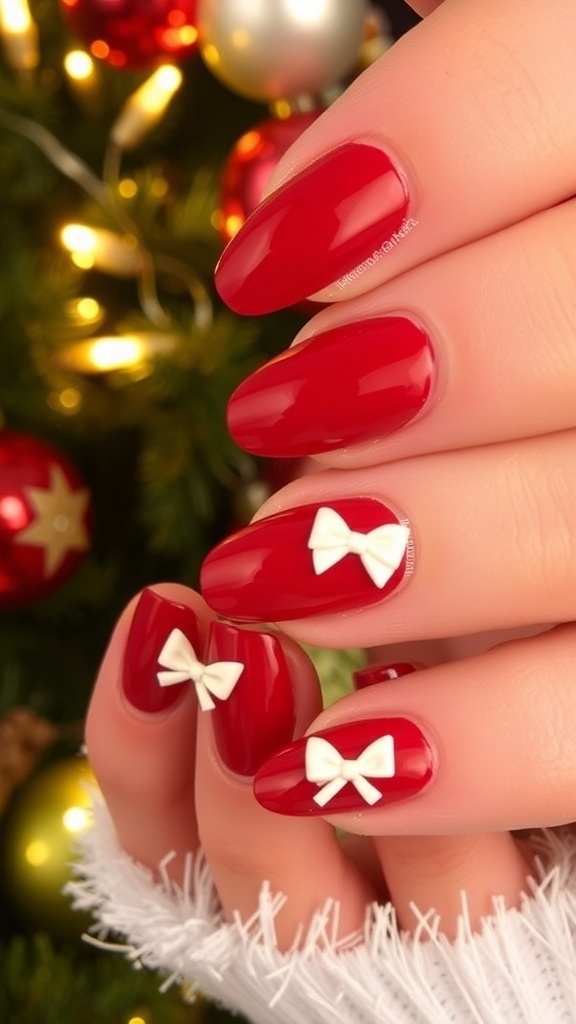 Elegant Christmas nails with red base and white bows, decorated for the holiday season.